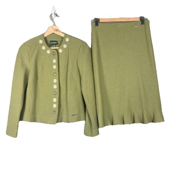 Geiger Wool 2 Piece Green Embroidered Floral Vintage Skirt Jacket Set Size 34 - Picture 4 of 16